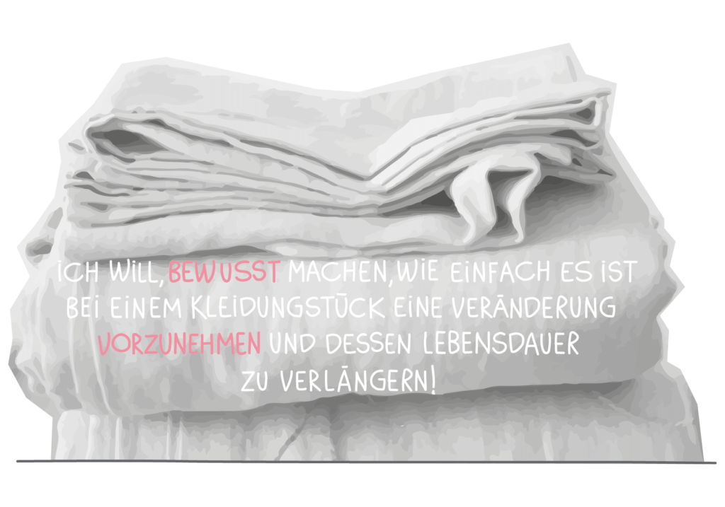 ein Stapel gefalteter grauer Stoffe, davor einige Sätze